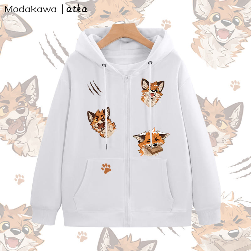 MODAKAWA X atka Verspielter Fuchs-Grafik-Kapuzenpullover mit Reißverschluss - White - 5XL - image 3