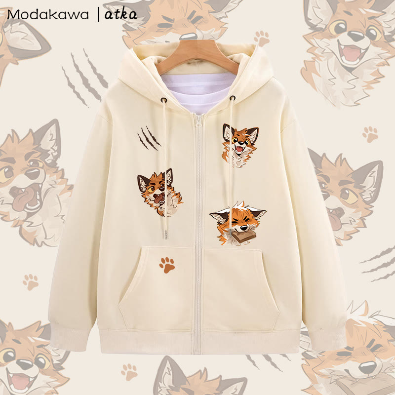 MODAKAWA X atka Verspielter Fuchs-Grafik-Kapuzenpullover mit Reißverschluss - Apricot - 5XL - image 2