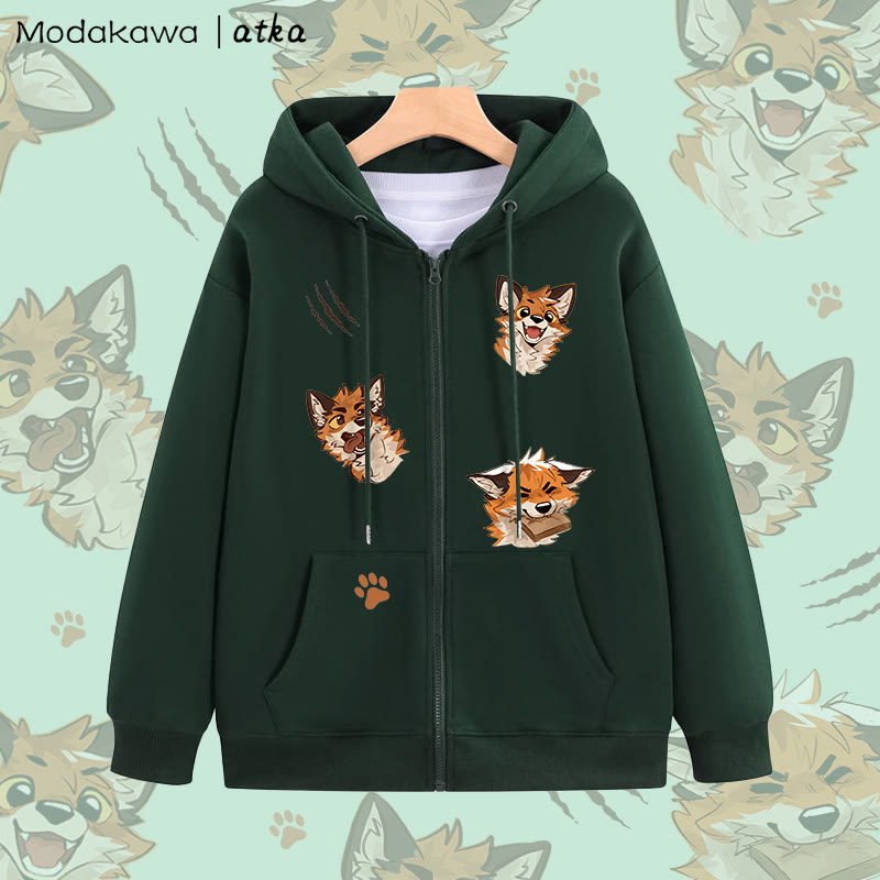 MODAKAWA X atka Verspielter Fuchs-Grafik-Kapuzenpullover mit Reißverschluss - Green - 5XL - image 1