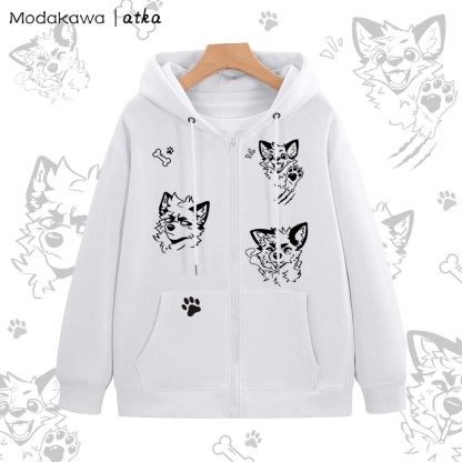 MODAKAWA X atka Silly Fox Graphic Zip Up Hoodie Sweatshirt - White - 5XL - image 2