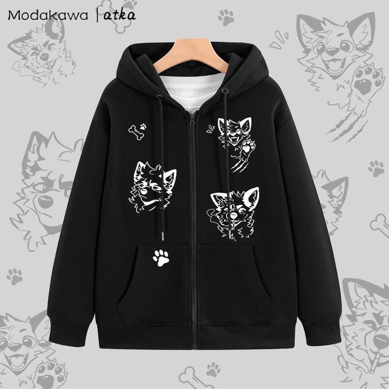 MODAKAWA X atka Silly Fox Graphic Zip Up Hoodie Sweatshirt - Black - 5XL - image 1
