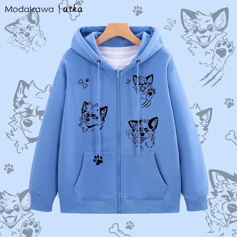 MODAKAWA X atka Silly Fox Graphic Zip Up Hoodie Sweatshirt - Blue - 5XL - image 3