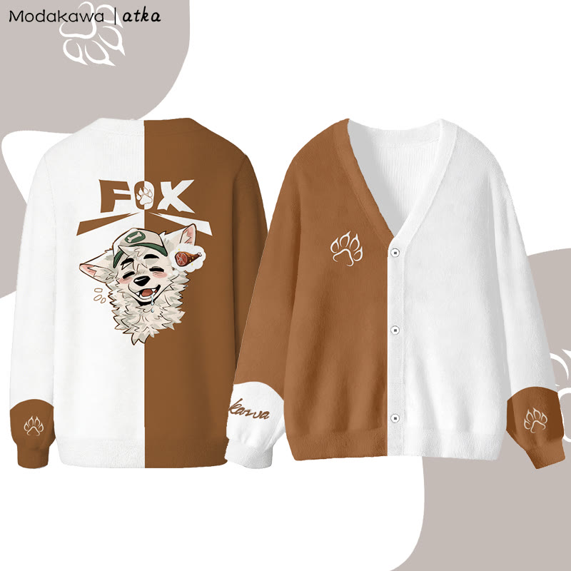MODAKAWA X atka Fox Wants Meat Grafik-Cardigan-Top - Brown - 4XL - image 1