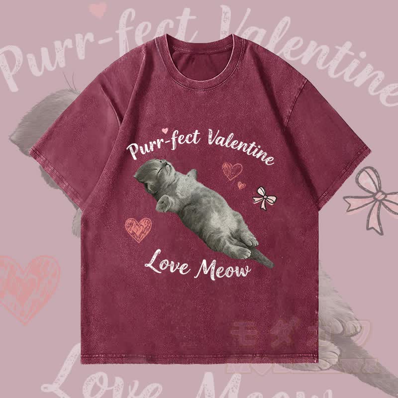 MODAKAWA PURR-FECT VALENTINE Verspieltes Katzenmotiv Unisex Vintage Washed T-Shirt - Weinrot - 4XL - image 2