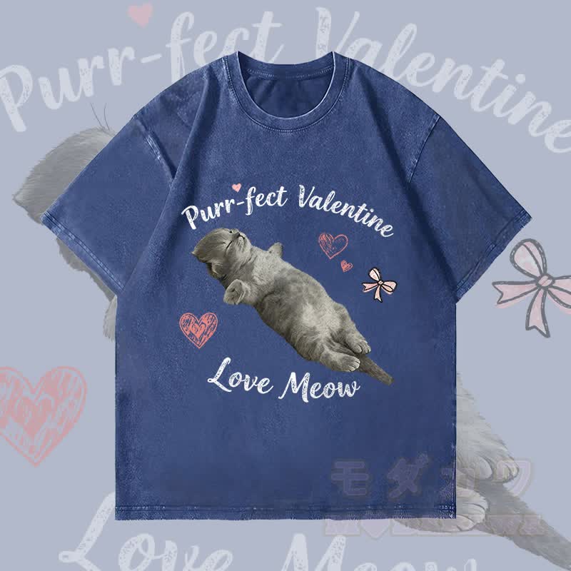 MODAKAWA PURR-FECT VALENTINE Verspieltes Katzenmotiv Unisex Vintage Washed T-Shirt - Dunkelblau - 4XL - image 1
