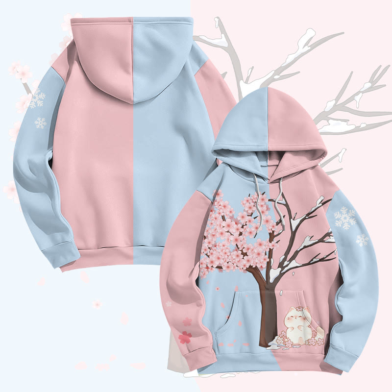 MODAKAWA Pullover-Hoodie mit Katzenmotiv unter dem Kirschbaum und Allover-Print - Blue&Pink - 8XL - image 1