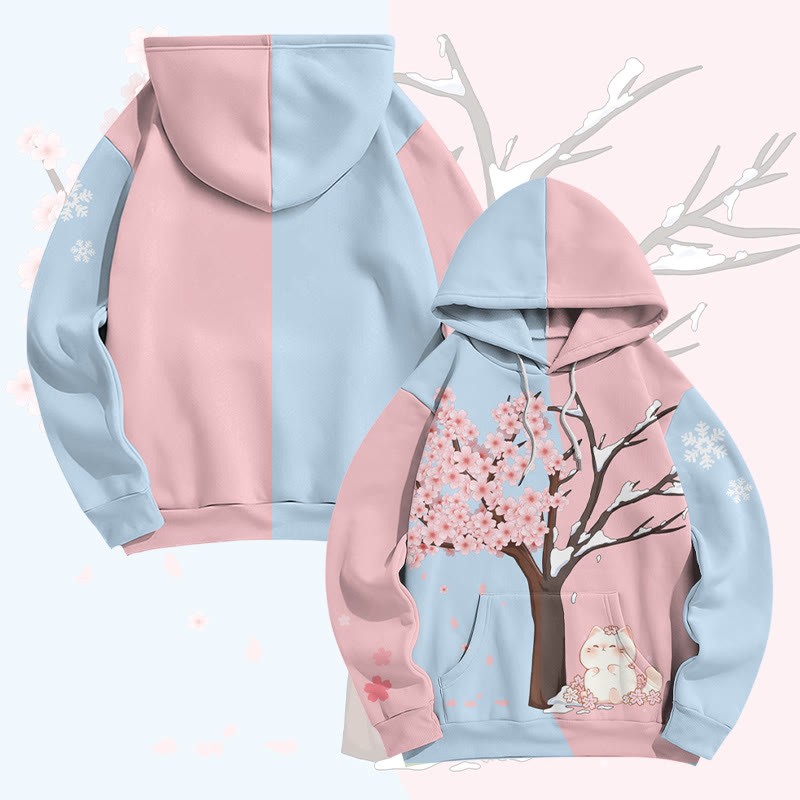 MODAKAWA Pullover-Hoodie mit Katzenmotiv unter dem Kirschbaum und Allover-Print - Blue&Pink - 8XL - image 1