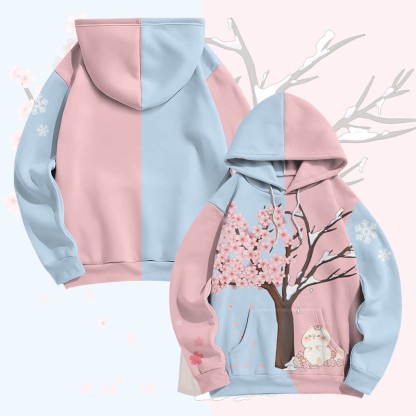 MODAKAWA Pullover-Hoodie mit Katzenmotiv unter dem Kirschbaum und Allover-Print - Blue&Pink - 8XL - image 1