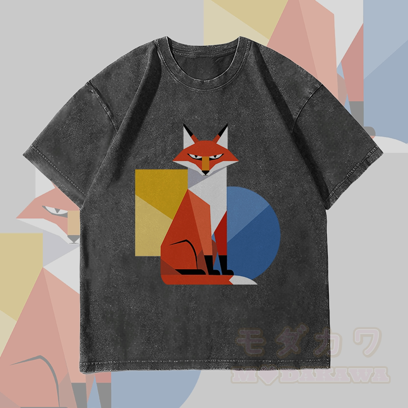 MODAKAWA Unisex-T-Shirt mit geometrischem Fuchs-Motiv im Vintage-Stil - Schwarz - 4XL - image 4