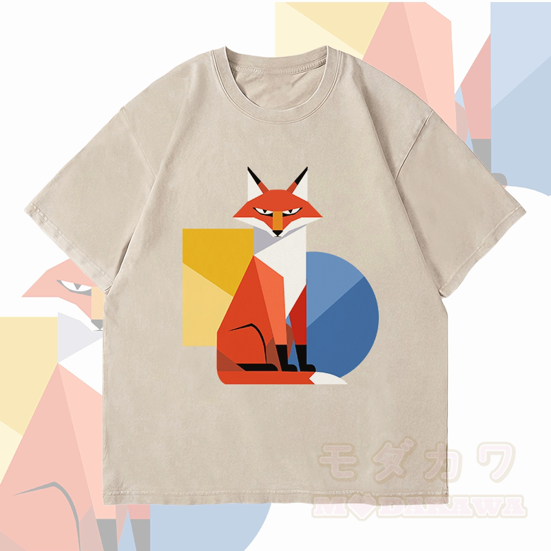 MODAKAWA Unisex-T-Shirt mit geometrischem Fuchs-Motiv im Vintage-Stil - Beige - 4XL - image 1