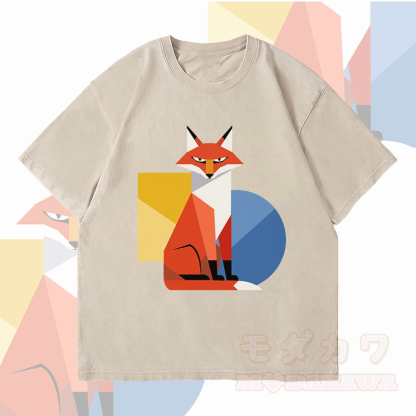 MODAKAWA Unisex-T-Shirt mit geometrischem Fuchs-Motiv im Vintage-Stil - Beige - 4XL - image 1