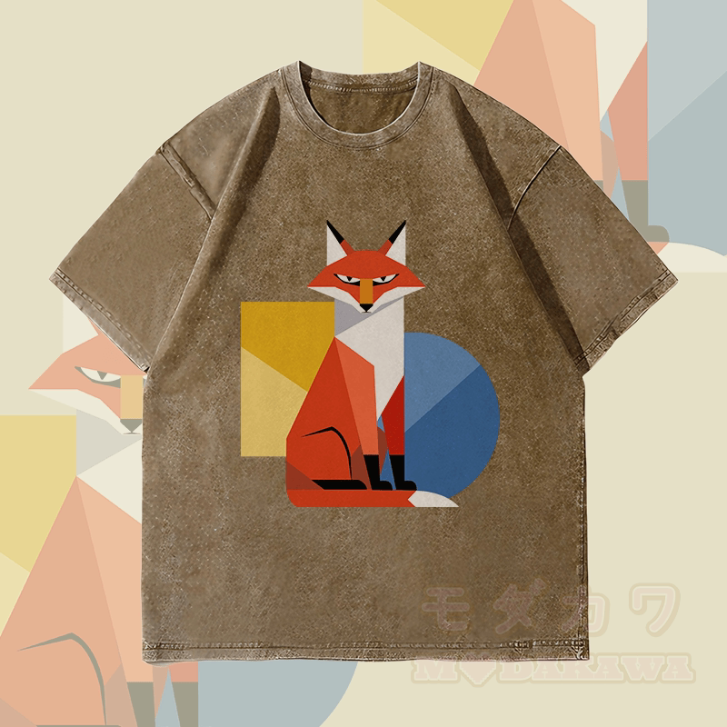 MODAKAWA Unisex-T-Shirt mit geometrischem Fuchs-Motiv im Vintage-Stil - Dunkelbraun - 4XL - image 3