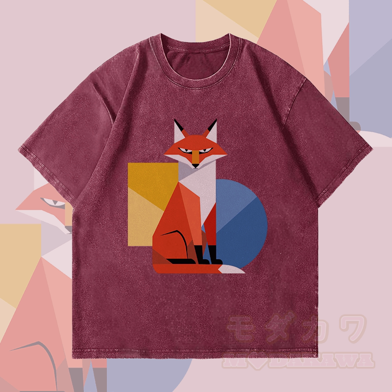 MODAKAWA Unisex-T-Shirt mit geometrischem Fuchs-Motiv im Vintage-Stil - Weinrot - 4XL - image 2