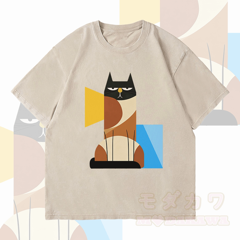 MODAKAWA Unisex-T-Shirt mit geometrischem Katzenmotiv im Vintage-Stil - Beige - 4XL - image 3