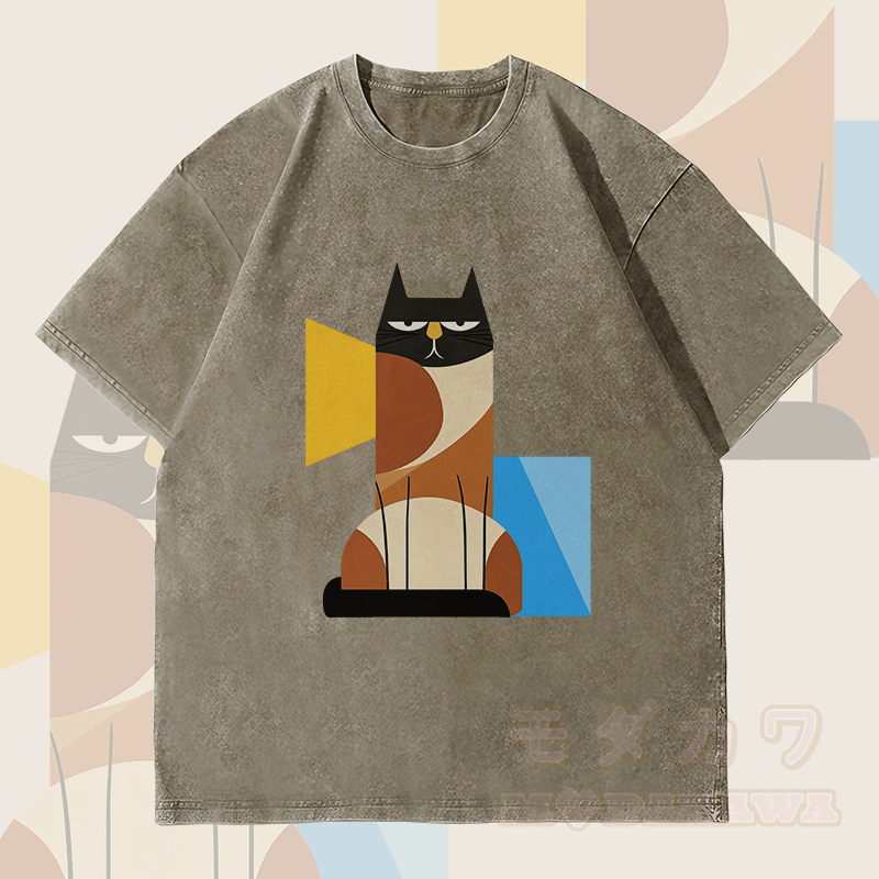 MODAKAWA Unisex-T-Shirt mit geometrischem Katzenmotiv im Vintage-Stil - Armeegrün - 4XL - image 2