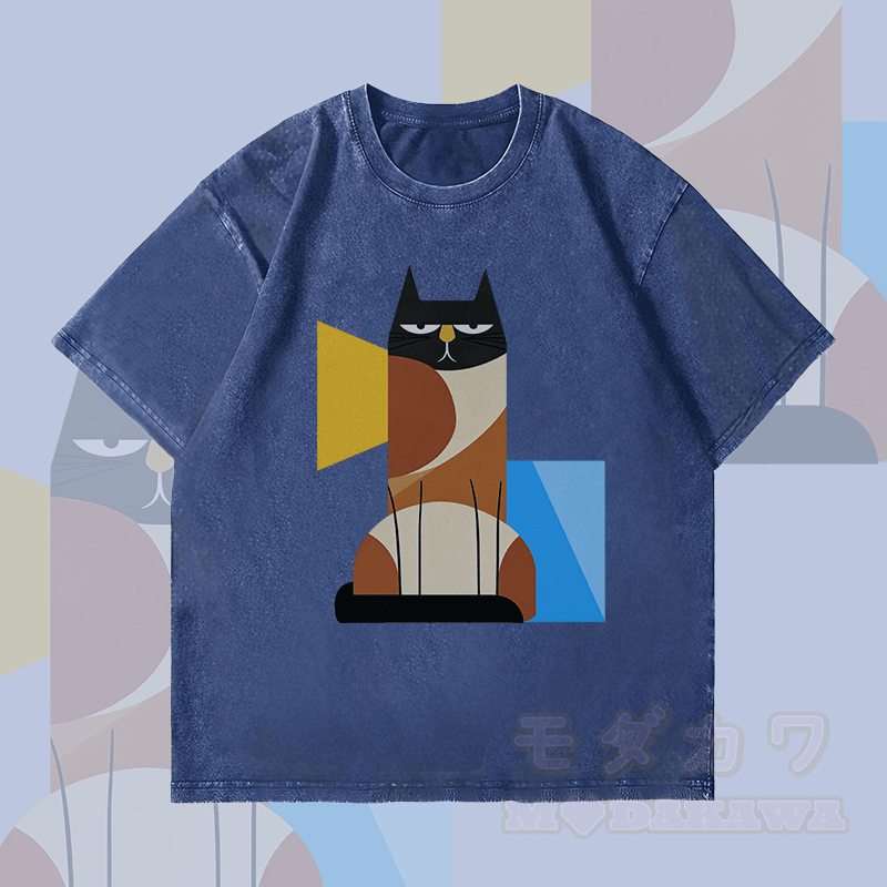 MODAKAWA Unisex-T-Shirt mit geometrischem Katzenmotiv im Vintage-Stil - Dunkelblau - 4XL - image 1