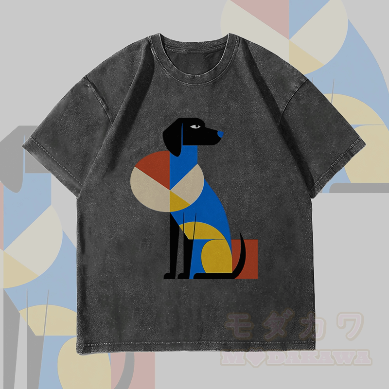MODAKAWA Unisex-T-Shirt mit geometrischem Hundemotiv im Vintage-Stil - Schwarz - 4XL - image 4