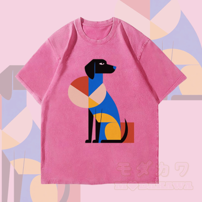 MODAKAWA Unisex-T-Shirt mit geometrischem Hundemotiv im Vintage-Stil - Rosenrot - 4XL - image 1