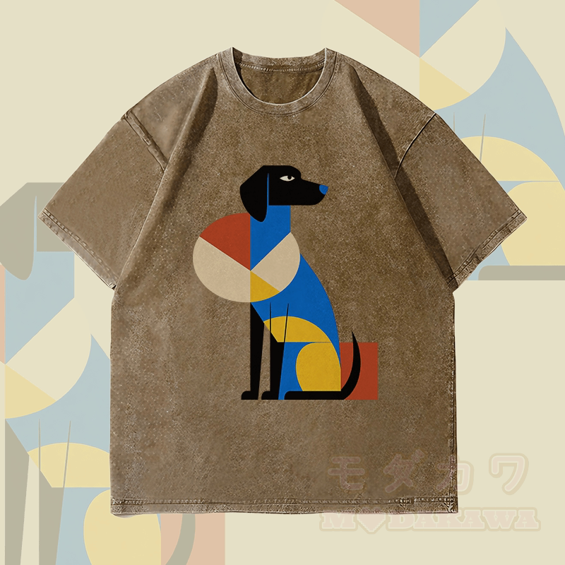 MODAKAWA Unisex-T-Shirt mit geometrischem Hundemotiv im Vintage-Stil - Dunkelbraun - 4XL - image 2