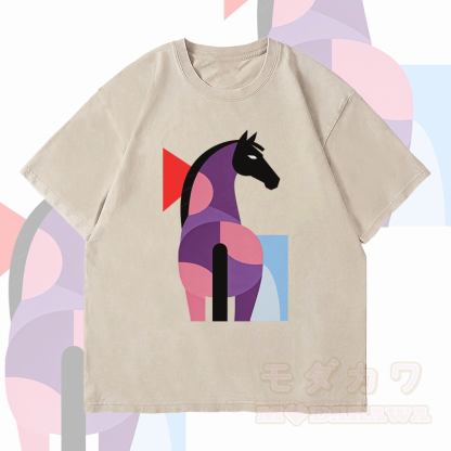 MODAKAWA Unisex-T-Shirt mit geometrischem Pferdemotiv im Vintage-Stil - Beige - 4XL - image 3