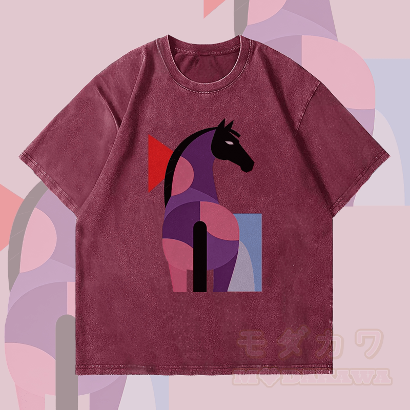 MODAKAWA Unisex-T-Shirt mit geometrischem Pferdemotiv im Vintage-Stil - Weinrot - 4XL - image 2