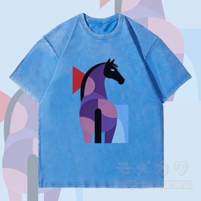 MODAKAWA Unisex-T-Shirt mit geometrischem Pferdemotiv im Vintage-Stil - Blau - 4XL - image 1