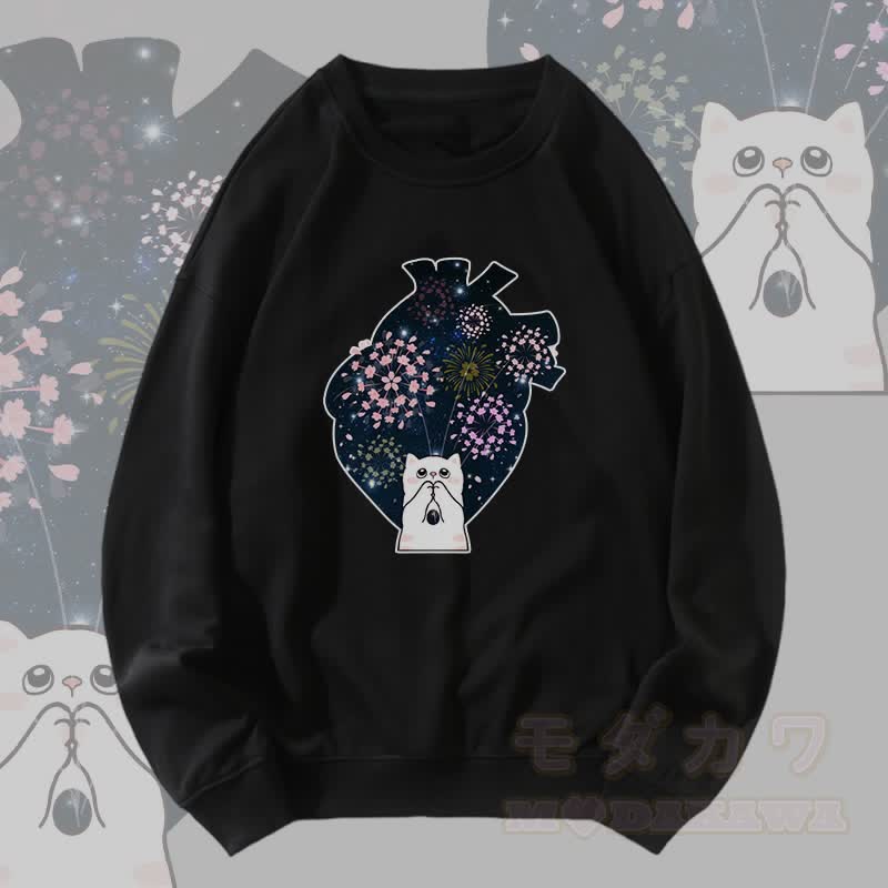 MODAKAWA Healing Cat Fireworks Heart Graphic Unisex Sweatshirt - Schwarz - 5XL - image 4