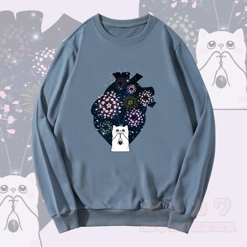 MODAKAWA Healing Cat Fireworks Heart Graphic Unisex Sweatshirt - Staubiges Blau - 5XL - image 2