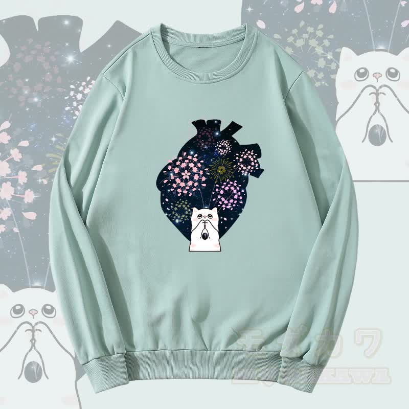 MODAKAWA Healing Cat Fireworks Heart Graphic Unisex Sweatshirt - Grün - 5XL - image 1