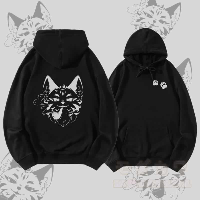 MODAKAWA Smoking Fox Graphic Streetwear Pullover Hoodie - Schwarz - 5XL - image 2