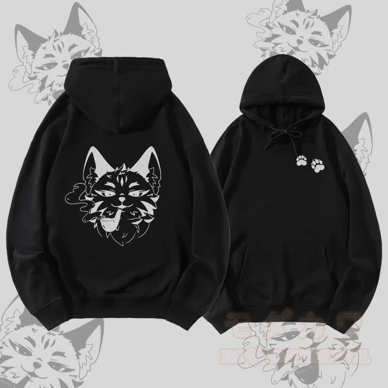 MODAKAWA Smoking Fox Graphic Streetwear Pullover Hoodie - Schwarz - 5XL - image 2
