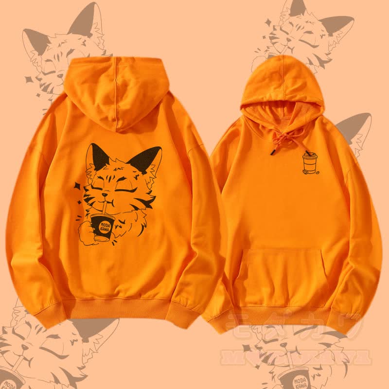 MODAKAWA Streetwear Pullover Hoodie mit Fuchsmotiv, der ein Getränk trinkt - Orange - 5XL - image 2