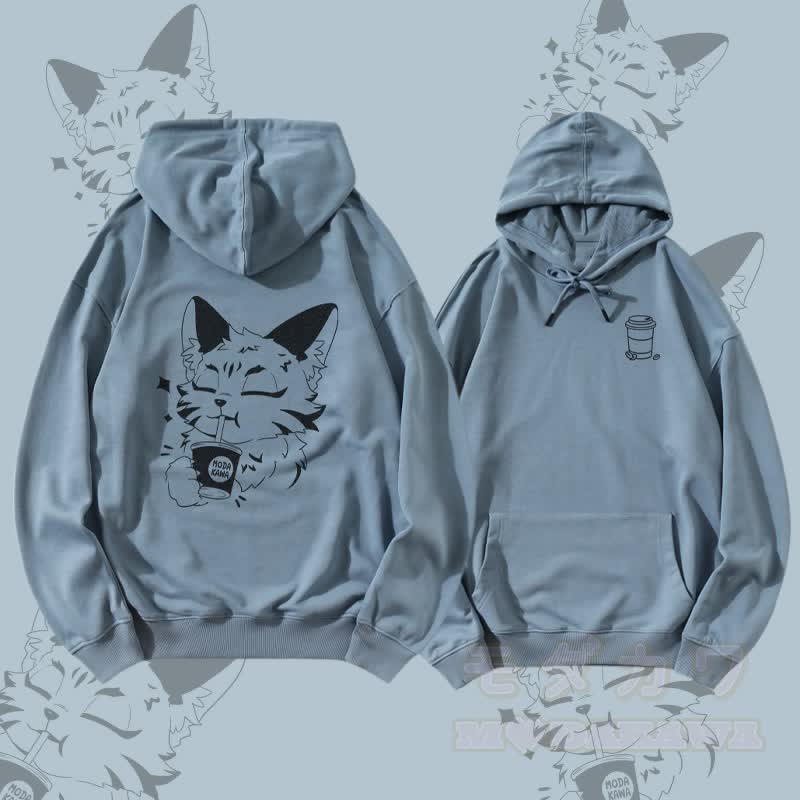 MODAKAWA Streetwear Pullover Hoodie mit Fuchsmotiv, der ein Getränk trinkt - Staubiges Blau - 5XL - image 1
