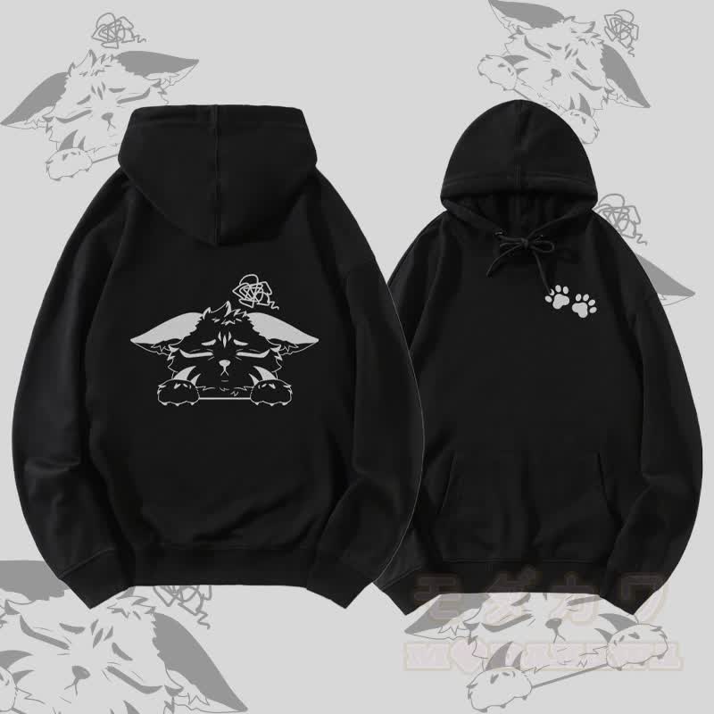 MODAKAWA Unhappy Fox Graphic Streetwear Pullover Hoodie - Schwarz - 5XL - image 2