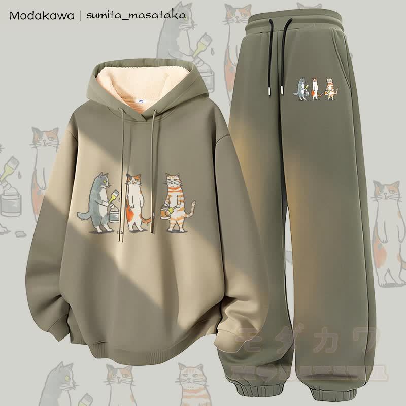 MODAKAWA X sumita_masataka Katzenmaler-Grafik: Zweiteiliges Set aus dick gefüttertem Hoodie und Hose mit dickem Fleece-Futter - Grün - 5XL - image 2
