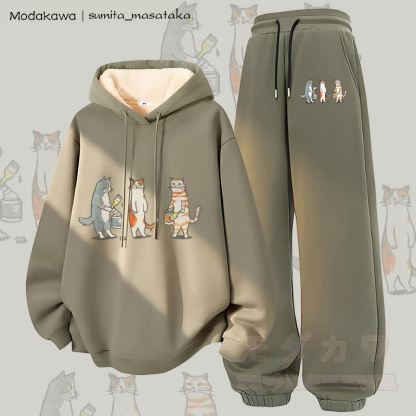 MODAKAWA X sumita_masataka Katzenmaler-Grafik: Zweiteiliges Set aus dick gefüttertem Hoodie und Hose mit dickem Fleece-Futter - Grün - 5XL - image 2