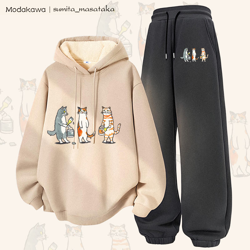 MODAKAWA X sumita_masataka Katzenmaler-Grafik: Zweiteiliges Set aus dick gefüttertem Hoodie und Hose mit dickem Fleece-Futter - Apricot&Dark Grey - 5XL - image 1