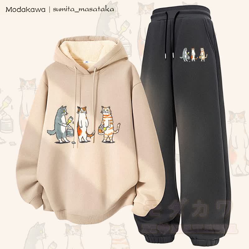MODAKAWA X sumita_masataka Katzenmaler-Grafik: Zweiteiliges Set aus dick gefüttertem Hoodie und Hose mit dickem Fleece-Futter - Aprikose & Dunkelgrau - 5XL - image 1