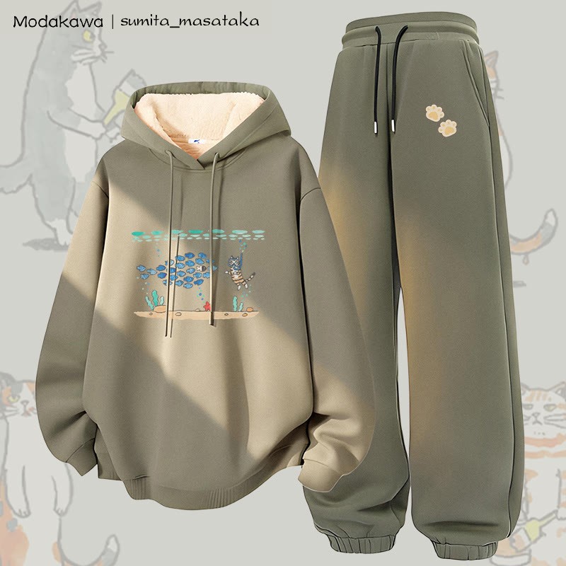 MODAKAWA X sumita_masataka Zweiteiliges Set: Hoodie und Hose mit Tauchkatzen-Motiv, dick mit Fleece gefüttert - Green - 5XL - image 2