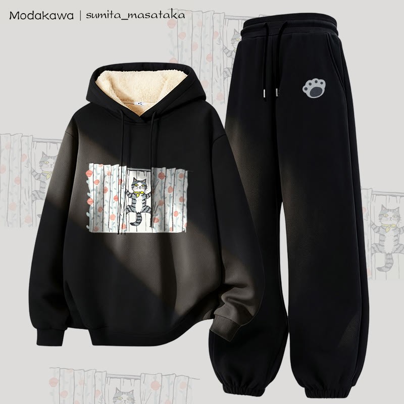 MODAKAWA X sumita_masataka Vorhang Kletterkatze Grafik Dick gefütterter Hoodie Hose Zweiteiliges Set - Black - 5XL - image 1