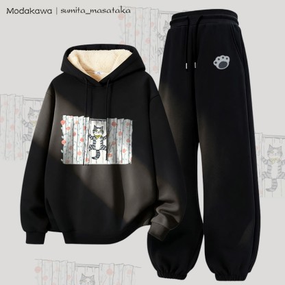MODAKAWA X sumita_masataka Vorhang Kletterkatze Grafik Dick gefütterter Hoodie Hose Zweiteiliges Set - Black - 5XL - image 1