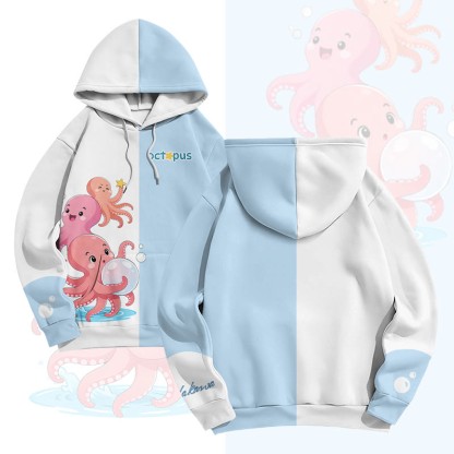MODAKAWA Happy Octopus Graphic All Over Print Pullover Hoodie - White&Blue - 8XL - image 1