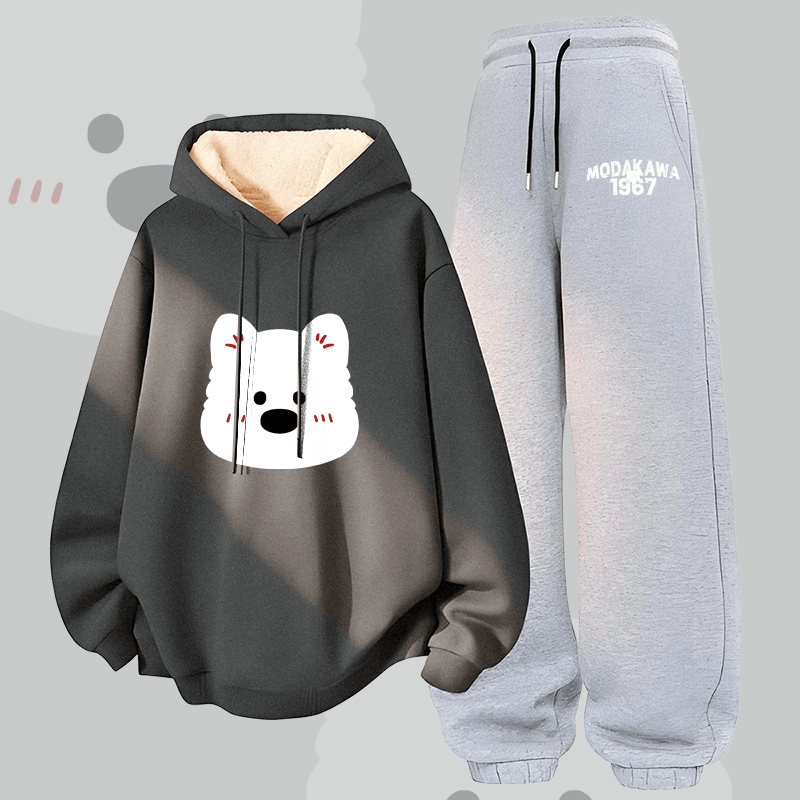 MODAKAWA Zweiteiliges Set aus Hoodie und Hose mit niedlichem Bärenmotiv, dick gefüttert mit Fleece - Dark Grey&Grey - 5XL - image 1
