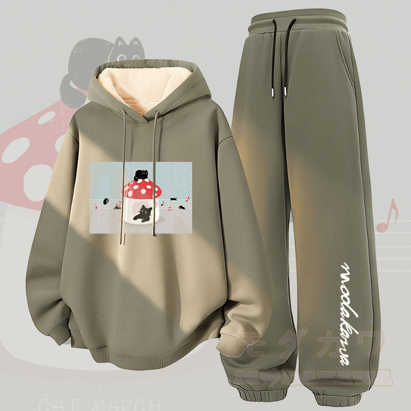 MODAKAWA Zweiteiliges Set: Kapuzenpullover und Hose mit dickem Fleecefutter und Katzenmotiv (Farbe: Cat Melody Graphic) - Grün - 5XL - image 2
