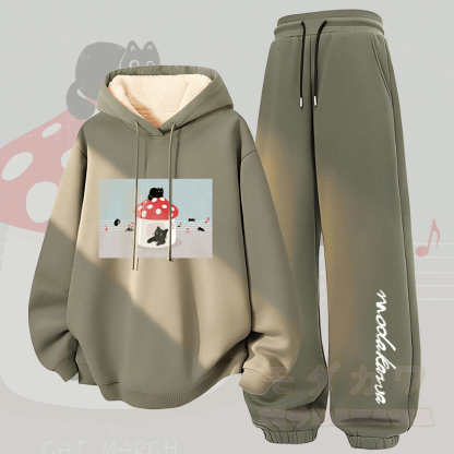 MODAKAWA Zweiteiliges Set: Kapuzenpullover und Hose mit dickem Fleecefutter und Katzenmotiv (Farbe: Cat Melody Graphic) - Grün - 5XL - image 2