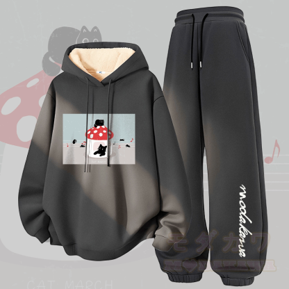 MODAKAWA Zweiteiliges Set: Kapuzenpullover und Hose mit dickem Fleecefutter und Katzenmotiv (Farbe: Cat Melody Graphic) - Dunkelgrau - 5XL - image 1