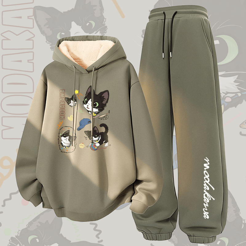 MODAKAWA Zweiteiliges Set mit frechem schwarzen Katzenmotiv, dick gefüttert mit Fleece, bestehend aus Hoodie und Hose. - Green - 5XL - image 1