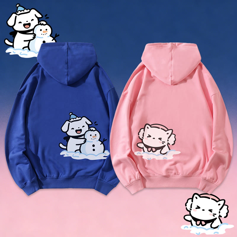 MODAKAWA Katzen- und Hunde-Bauen-Schneemann-Grafik-Partner-Hoodie - image 1