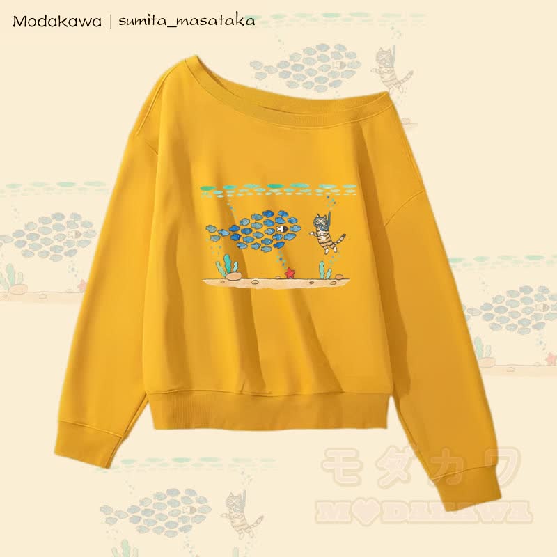MODAKAWA X sumita_masataka Schulterfreies Sweatshirt mit tauchender Katzengrafik - Gelb - L - image 2