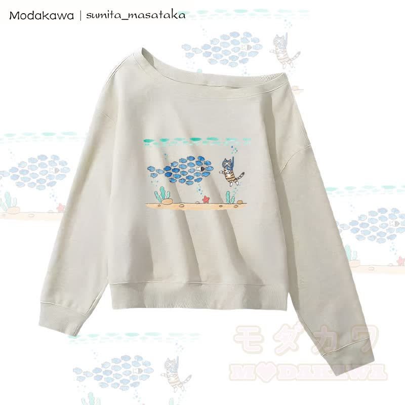 MODAKAWA X sumita_masataka Schulterfreies Sweatshirt mit tauchender Katzengrafik - Grau - L - image 1